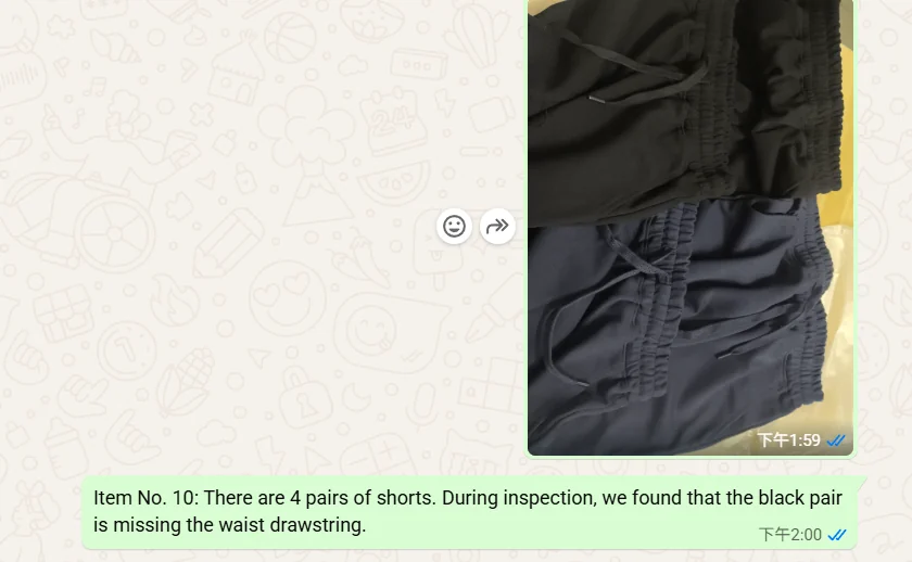 Black shorts found without a waist drawstring during inspection