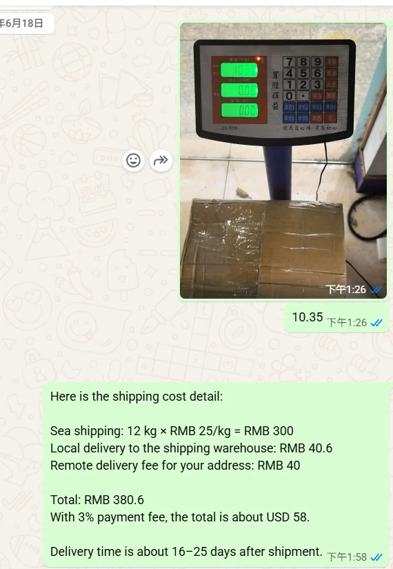 Packed carton on a scale showing 10.35 kg