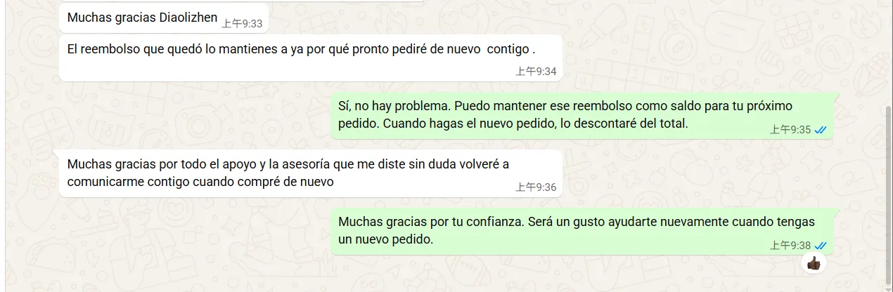 Spanish-speaking customer thanks TruePriceAgent for support and plans to return
